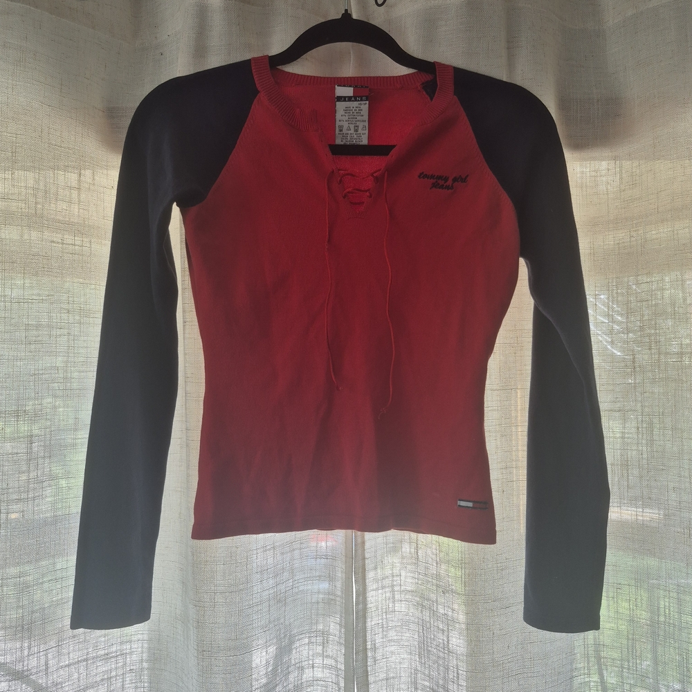 Tommy Hilfiger Red and Black Fitted Raglan Bodysuit